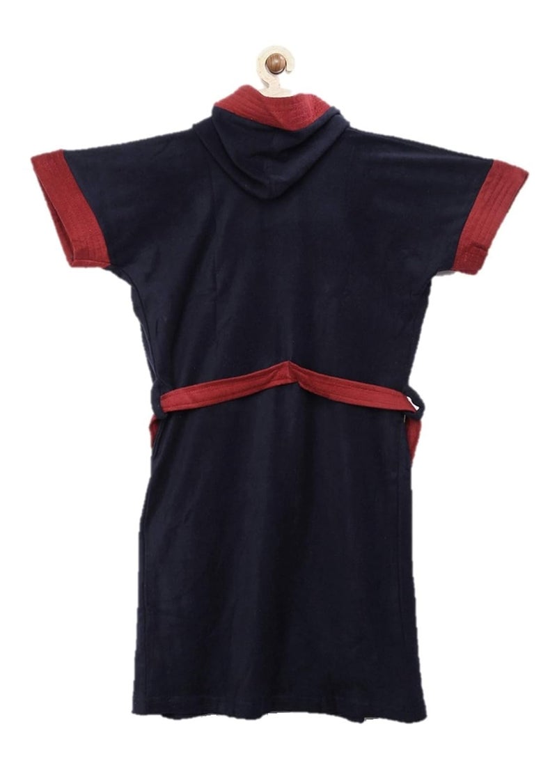 Sand Dune Set of 2 Kids Hood Bathrobe for Boys Terry Cotton Bathrobe Gown Half Sleeves Knee Length Pocket with Waist Belt Combo of 2 Children Hodded Bath Robe is Available for Age Group Between 4 to 5 Years Available in 2 Colors Red Navy Blue with Border Pack of 2