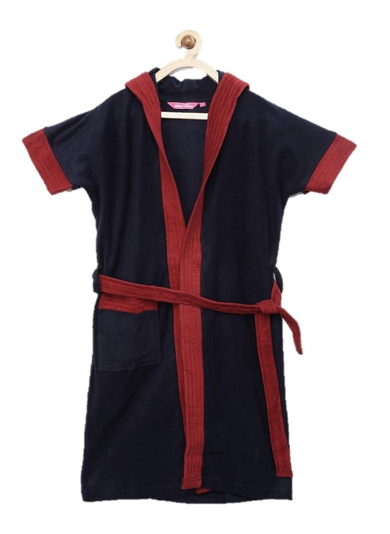 Sand Dune Set of 2 Kids Hood Bathrobe for Boys Terry Cotton Bathrobe Gown Half Sleeves Knee Length Pocket with Waist Belt Combo of 2 Children Hodded Bath Robe is Available for Age Group Between 4 to 5 Years Available in 2 Colors Red Navy Blue with Border Pack of 2