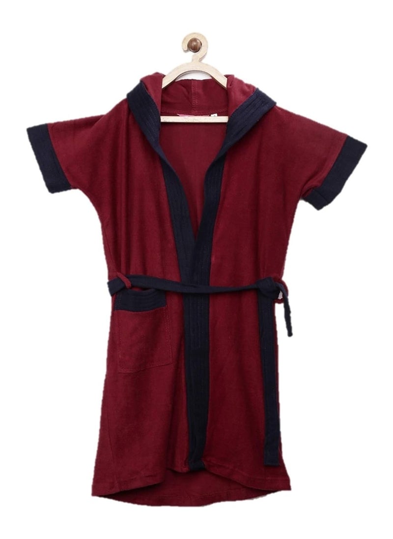 Sand Dune Set of 2 Kids Hood Bathrobe for Boys Terry Cotton Bathrobe Gown Half Sleeves Knee Length Pocket with Waist Belt Combo of 2 Children Hodded Bath Robe is Available for Age Group Between 4 to 5 Years Available in 2 Colors Red Navy Blue with Border Pack of 2