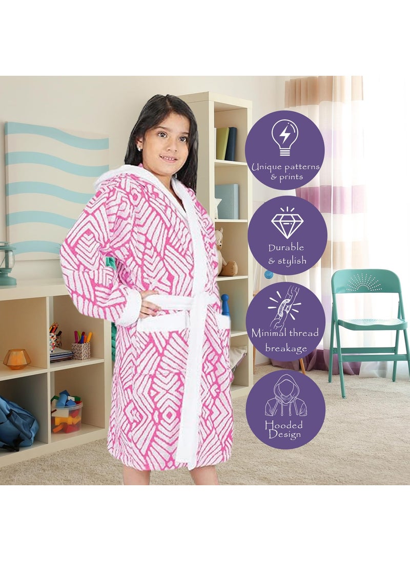 Rangoli 100 Cotton Jacquard Kids Bathrobe For Girls and Boys 400 GSM Ultra Soft Plush Hooded Bathrobe with 2 Pockets Adjustable Belt Gown Bathrobe for Kids