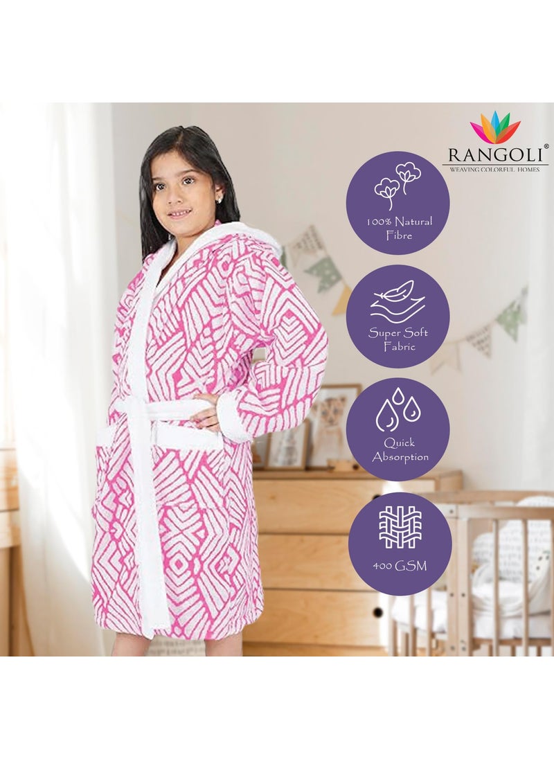 Rangoli 100 Cotton Jacquard Kids Bathrobe For Girls and Boys 400 GSM Ultra Soft Plush Hooded Bathrobe with 2 Pockets Adjustable Belt Gown Bathrobe for Kids