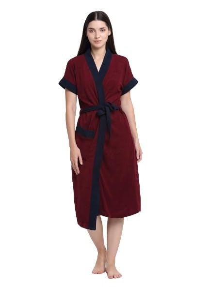 CREEVA Everyday Terry Cotton Unisex Bathrobe Collection With kimono collar and 1 PocketHalf Sleeve Bath Robe Super Soft Light Weight Wine Navy