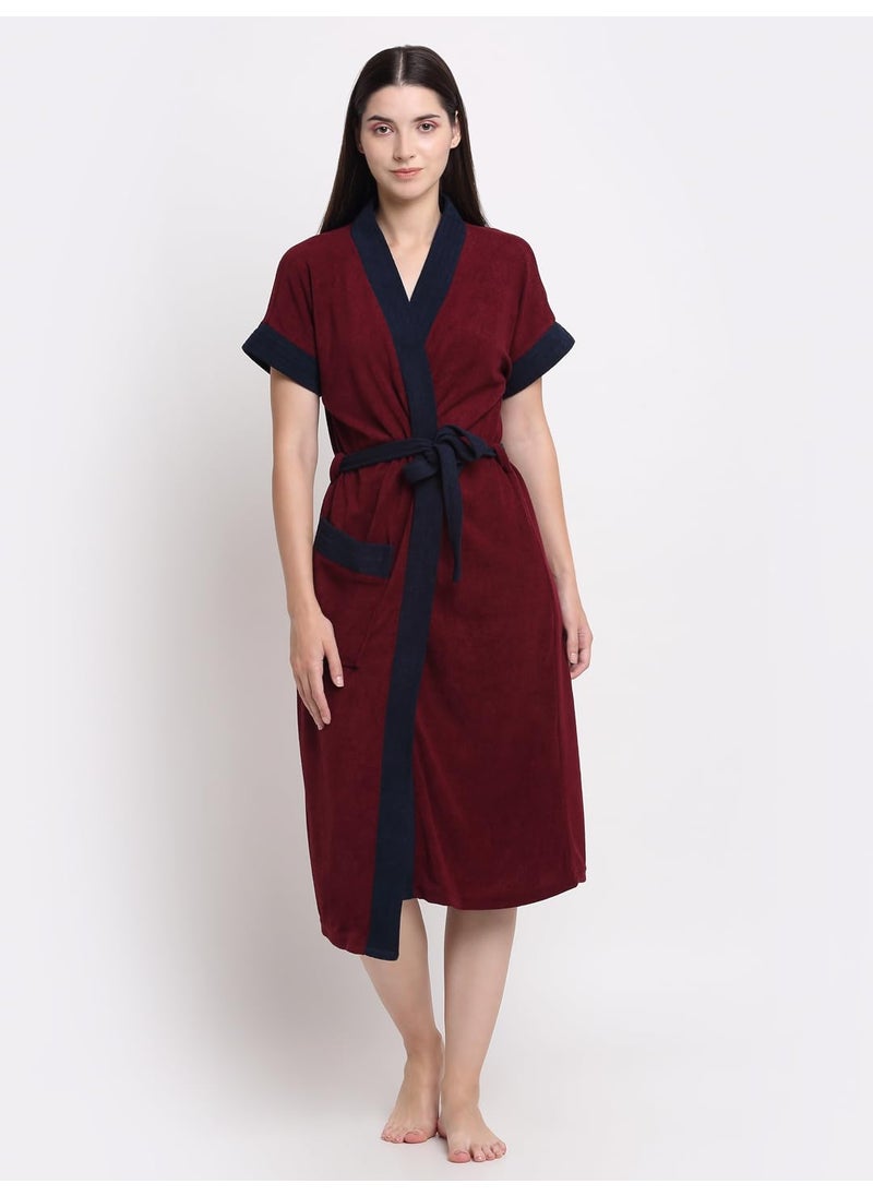CREEVA Everyday Terry Cotton Unisex Bathrobe Collection With kimono collar and 1 PocketHalf Sleeve Bath Robe Super Soft Light Weight Wine Navy