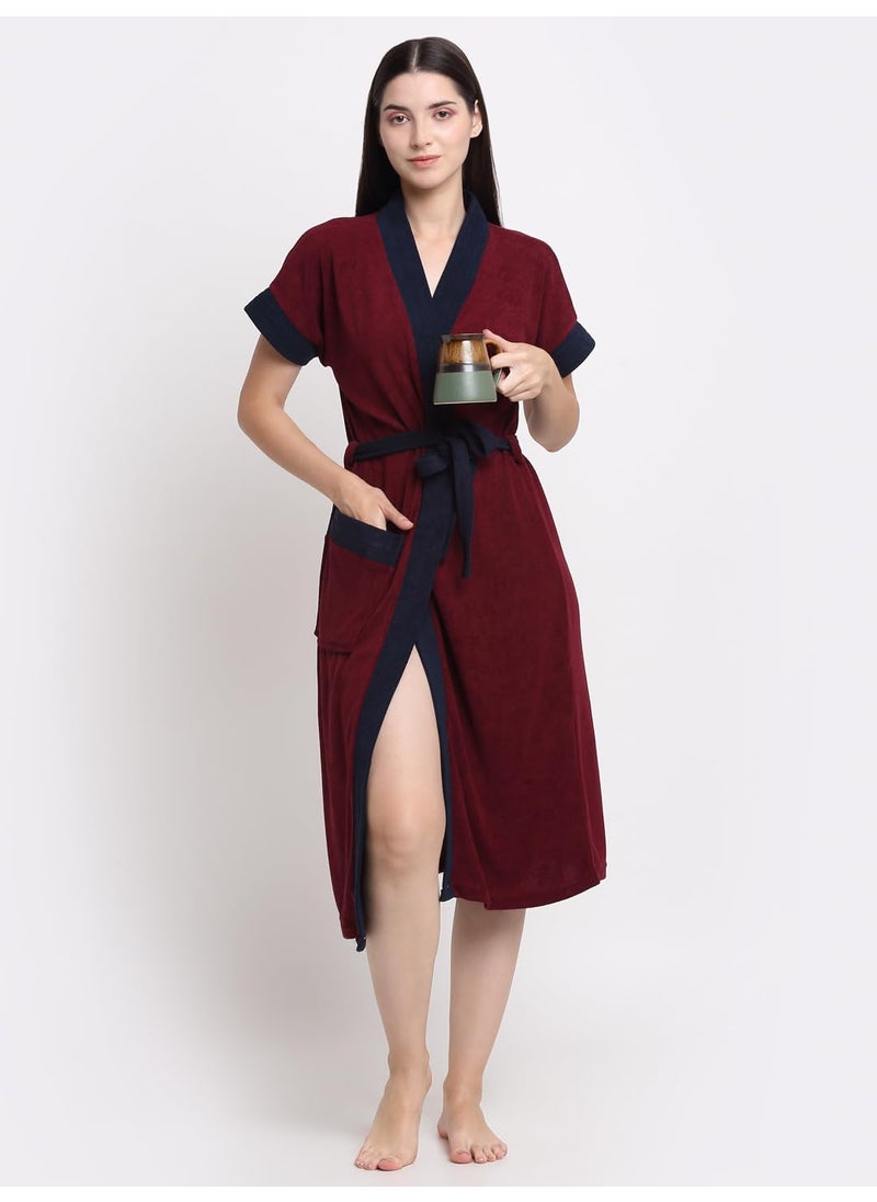 CREEVA Everyday Terry Cotton Unisex Bathrobe Collection With kimono collar and 1 PocketHalf Sleeve Bath Robe Super Soft Light Weight Wine Navy