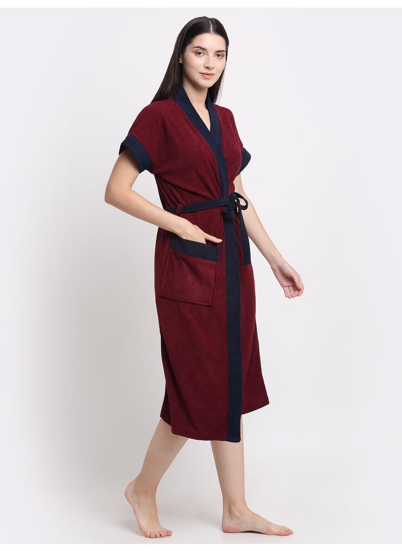 CREEVA Everyday Terry Cotton Unisex Bathrobe Collection With kimono collar and 1 PocketHalf Sleeve Bath Robe Super Soft Light Weight Wine Navy