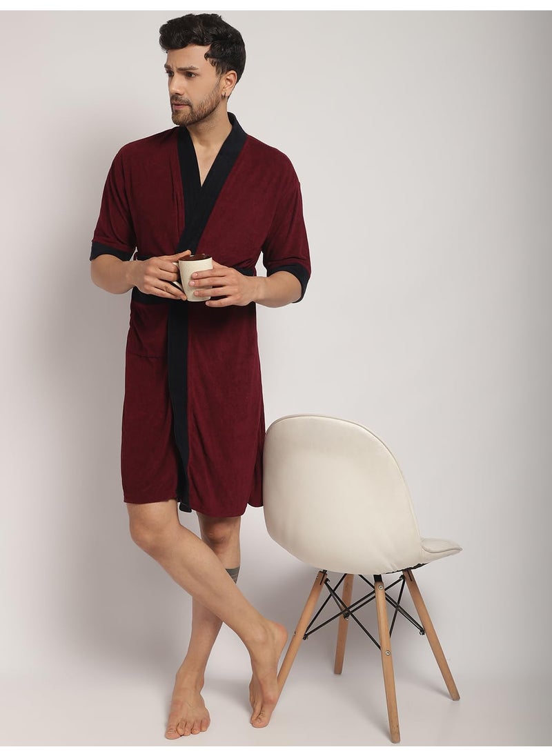 ELEVANTO Bathrobes For Mens Collection 34 Sleeve Soft Terry Cotton Bathrobe Free SizeMAROONNAVY
