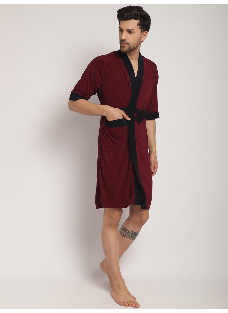 ELEVANTO Bathrobes For Mens Collection 34 Sleeve Soft Terry Cotton Bathrobe Free SizeMAROONNAVY