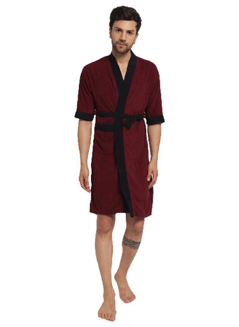 ELEVANTO Bathrobes For Mens Collection 34 Sleeve Soft Terry Cotton Bathrobe Free SizeMAROONNAVY