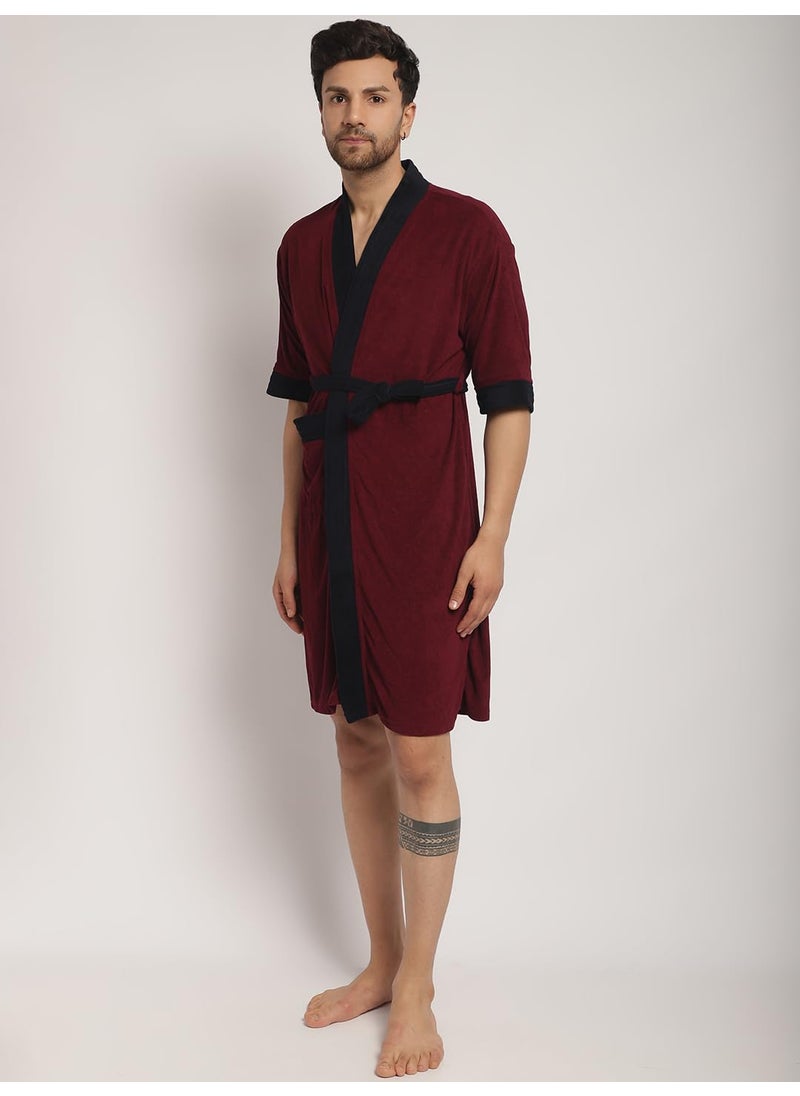 ELEVANTO Bathrobes For Mens Collection 34 Sleeve Soft Terry Cotton Bathrobe Free SizeMAROONNAVY