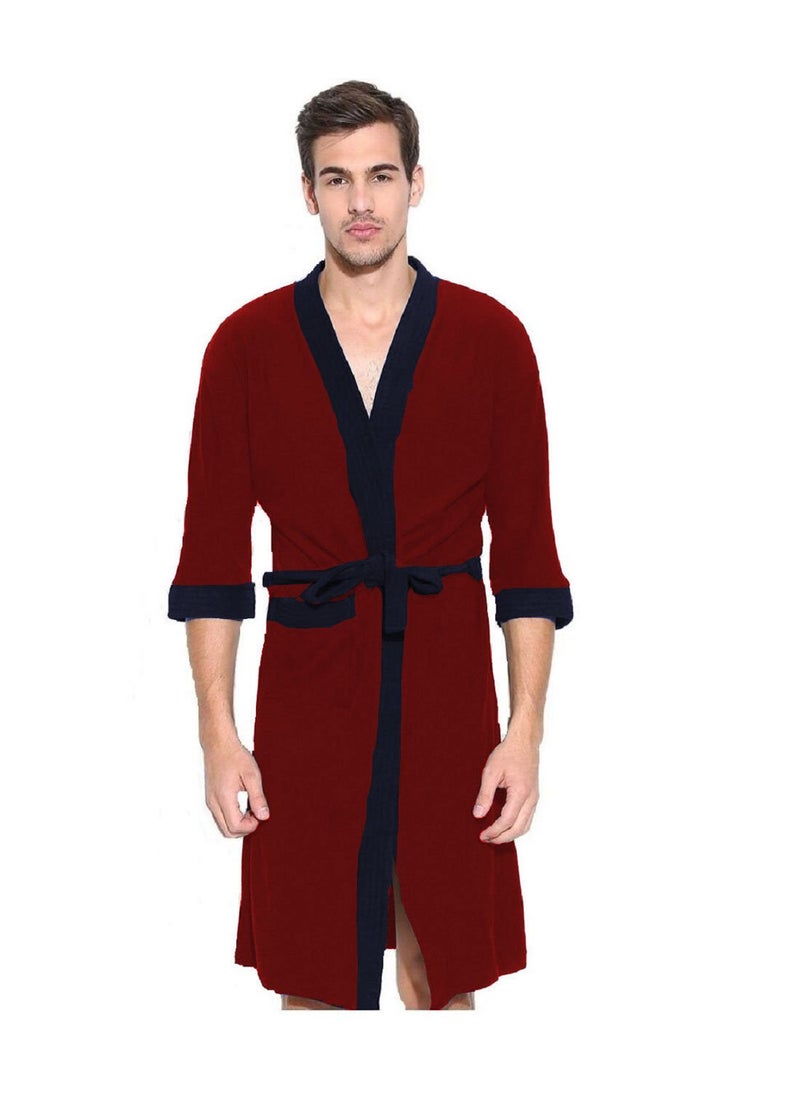 ELEVANTO Bathrobes For Mens Collection 34 Sleeve Soft Terry Cotton Bathrobe Free SizeREDNAVY