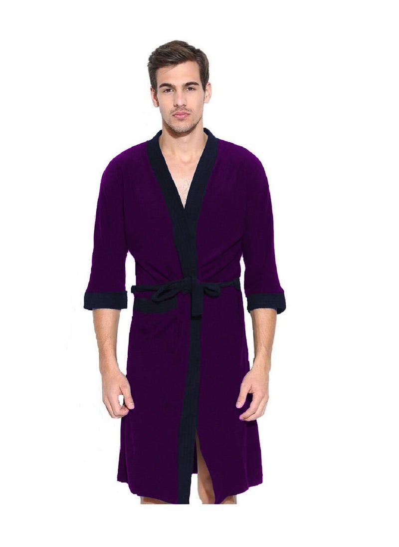 ELEVANTO Bathrobes For Mens Collection 34 Sleeve Soft Terry Cotton Bathrobe Free SizePURPLENAVY