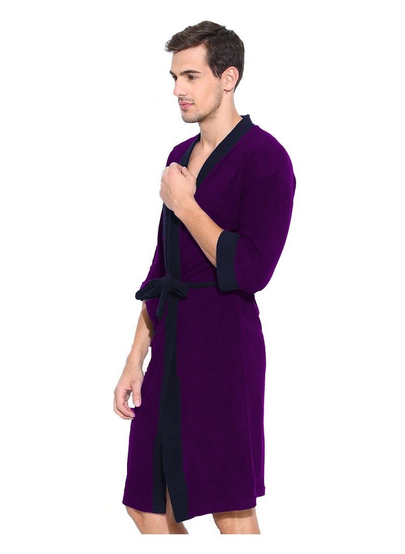 ELEVANTO Bathrobes For Mens Collection 34 Sleeve Soft Terry Cotton Bathrobe Free SizePURPLENAVY