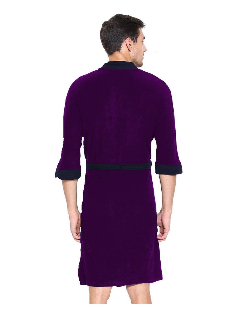 ELEVANTO Bathrobes For Mens Collection 34 Sleeve Soft Terry Cotton Bathrobe Free SizePURPLENAVY