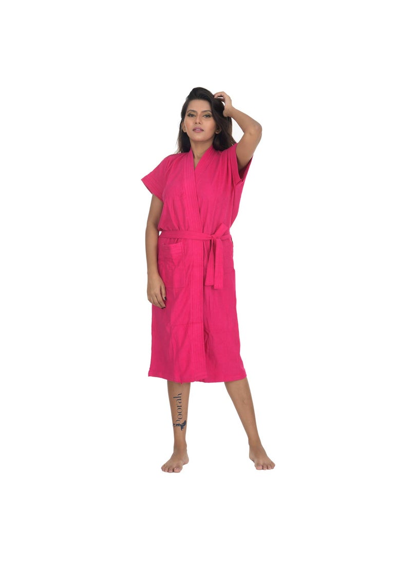 Poorak Dark Collection Dark Pink Color Half Sleeves Soft Terry Cotton Bathrobe for Women Free Size Upto 42 Inches