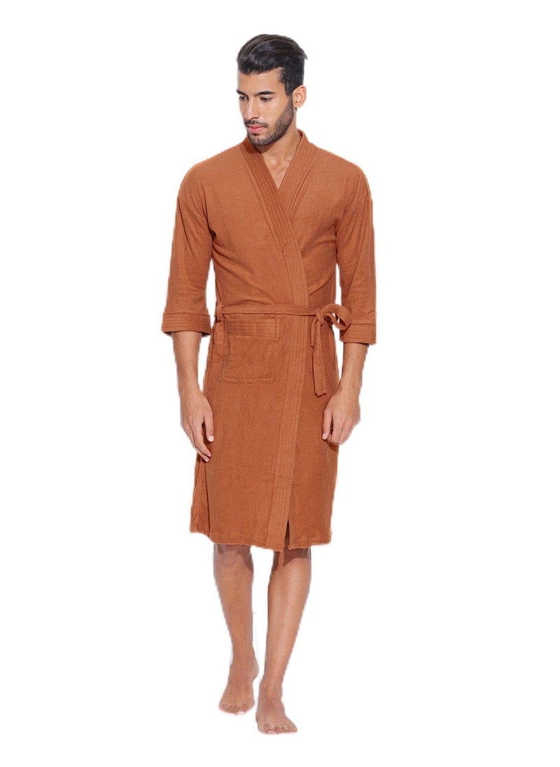 Sand Dune Rust Color Mens Terry Cotton Bathrobe Gown Full Sleeve Knee Length with Pocket Gents Bath Robe is Available in Size L