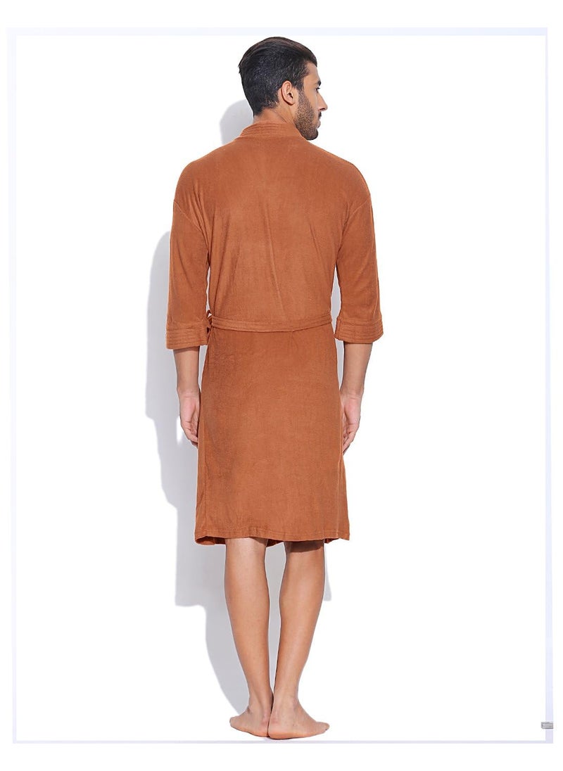 Sand Dune Rust Color Mens Terry Cotton Bathrobe Gown Full Sleeve Knee Length with Pocket Gents Bath Robe is Available in Size L