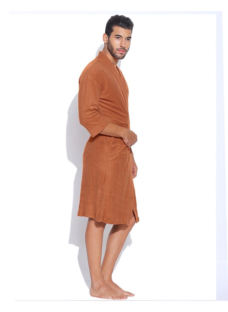 Sand Dune Rust Color Mens Terry Cotton Bathrobe Gown Full Sleeve Knee Length with Pocket Gents Bath Robe is Available in Size L