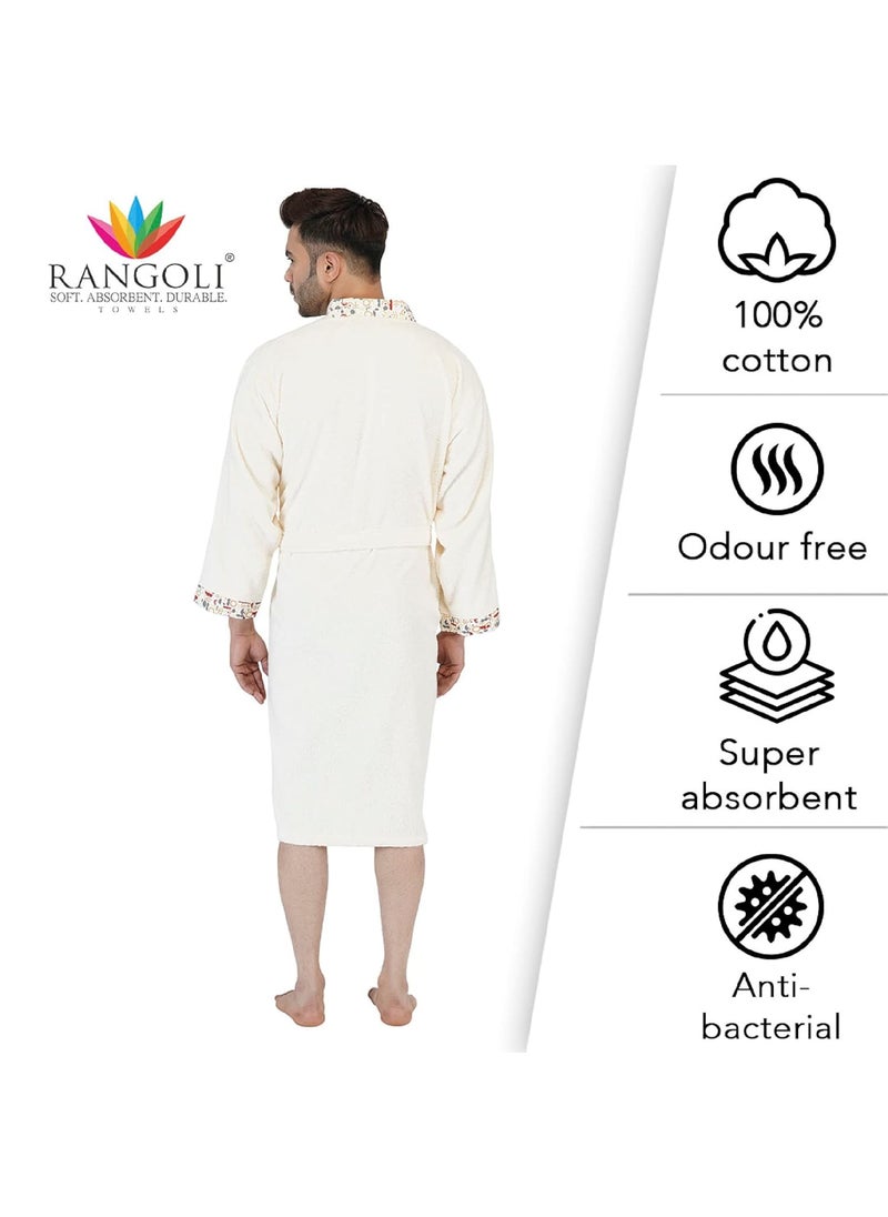 Rangoli Sakura 100 Cotton Bathrobes For Men 420 GSM Ultrasoft Lightweight Highly Absorbent Luxurious Bath GownBath Robe for Men Perfect For Gym Spa Hotel Robe Ivory XL