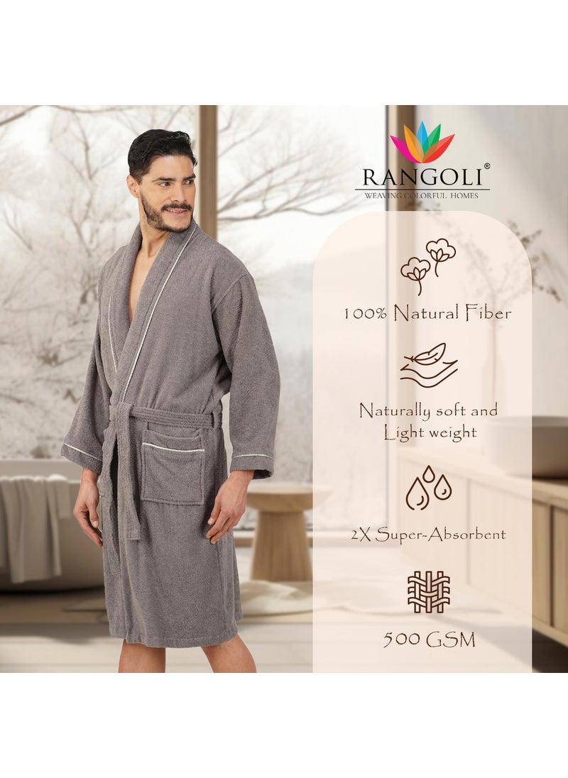 Rangoli Prima Dream 100 Cotton Bathrobe for Men500 GSM Unisex bath robes with Pockets Lightweight Highly Absorbent Luxurious Full Sleeves Bath GownBath Robe GreyXL