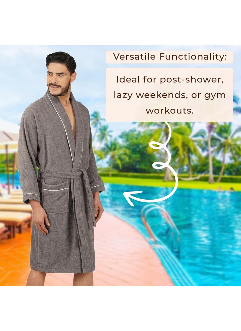 Rangoli Prima Dream 100 Cotton Bathrobe for Men500 GSM Unisex bath robes with Pockets Lightweight Highly Absorbent Luxurious Full Sleeves Bath GownBath Robe GreyXL