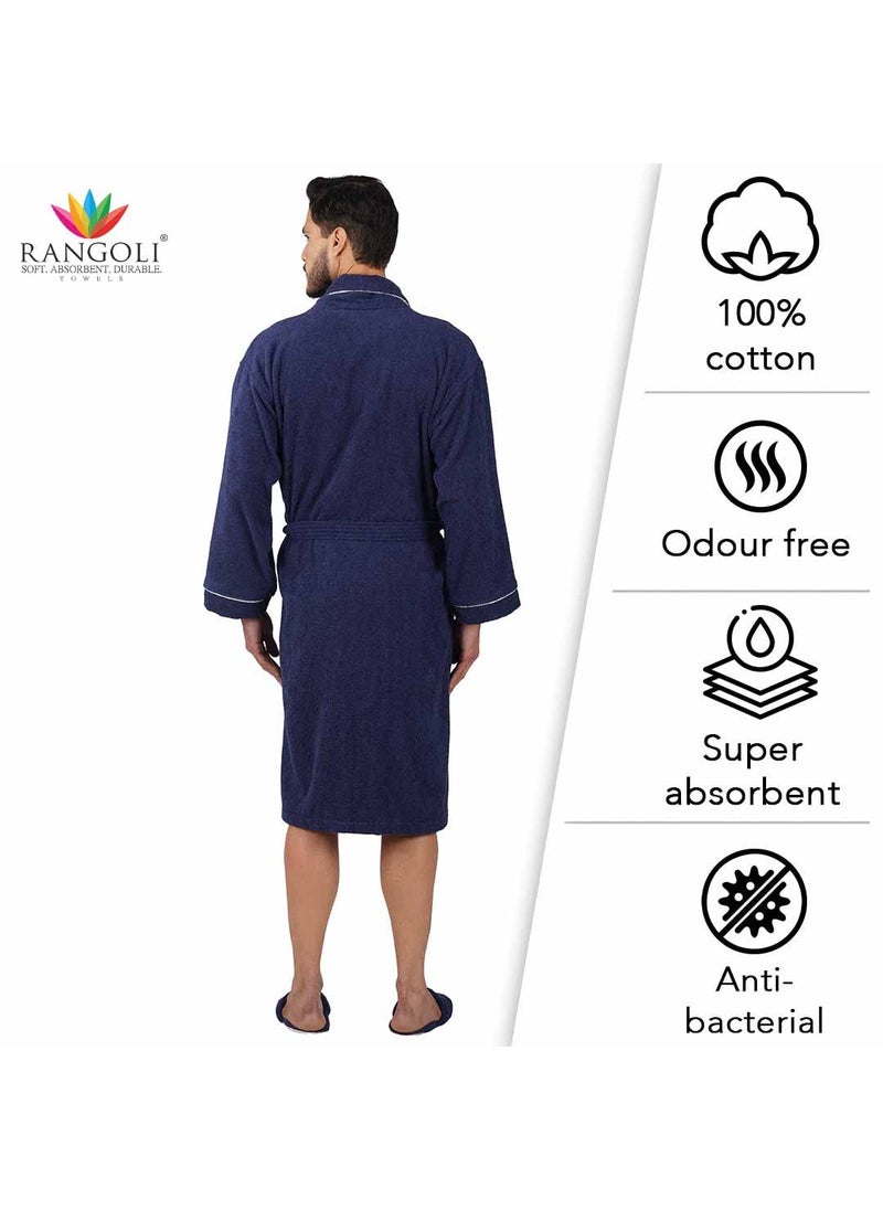 Rangoli 100 Cotton Bathrobe for Men with Matching Slippers 500 GSM Unisex bath robes with Pockets Lightweight Highly Absorbent Luxurious Full Sleeves Bath GownBath Robe Navy Blue