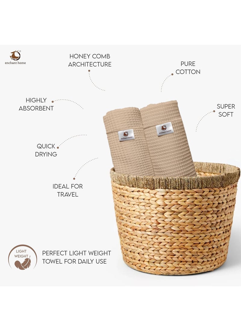 Enchant Home Pure Cotton Waffle Towel Lightweight Anti Microbial and Water Absorbent Soft Touch Quick Drying Hand Towels Beige Pack of 4