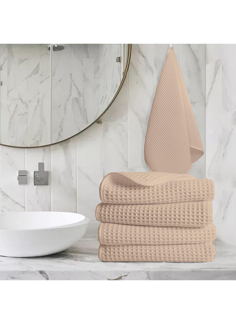 Enchant Home Pure Cotton Waffle Towel Lightweight Anti Microbial and Water Absorbent Soft Touch Quick Drying Hand Towels Beige Pack of 4