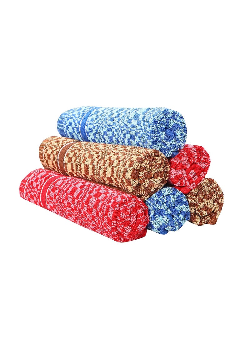 Vallal Textiles 425 GSM Quick Dry Geometric Cotton 14 in X 21 in Face Hand Towel Set Blue Red Brown Pack of 6