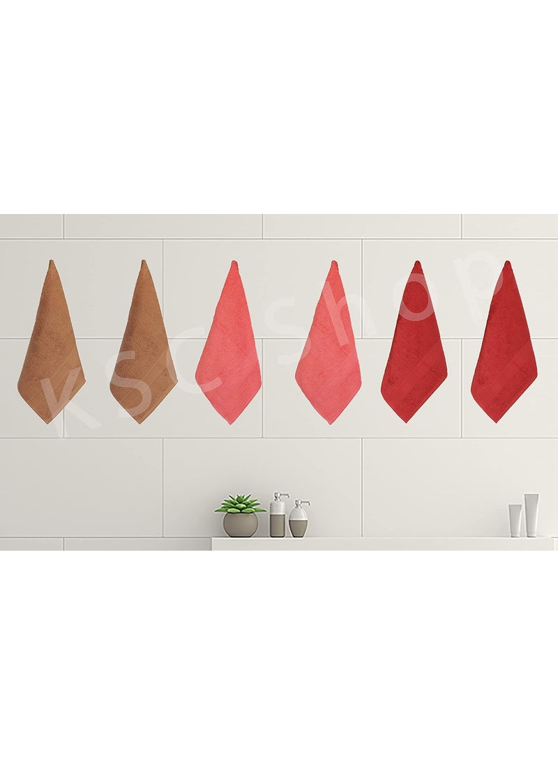 KSC Shop Royal Multicolor Cotton Hand Towels Set of 6 Hand Towels Bathroom Towel Bathroom Napkin 60 cm x 40 cm 2 Brown and 2 Peach and 2 Maroon