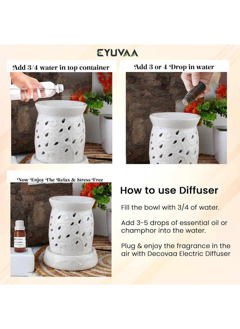 DECOVAA Emboss Patten Ceramic Electric DiffuserAromatherapy DiffuserOil Burner Lamp Diffuser Fragrances Oil Burner for Home with 10 Ml Aroma Oil Rose Fragrance White
