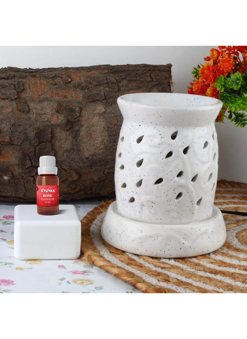 DECOVAA Emboss Patten Ceramic Electric DiffuserAromatherapy DiffuserOil Burner Lamp Diffuser Fragrances Oil Burner for Home with 10 Ml Aroma Oil Rose Fragrance White