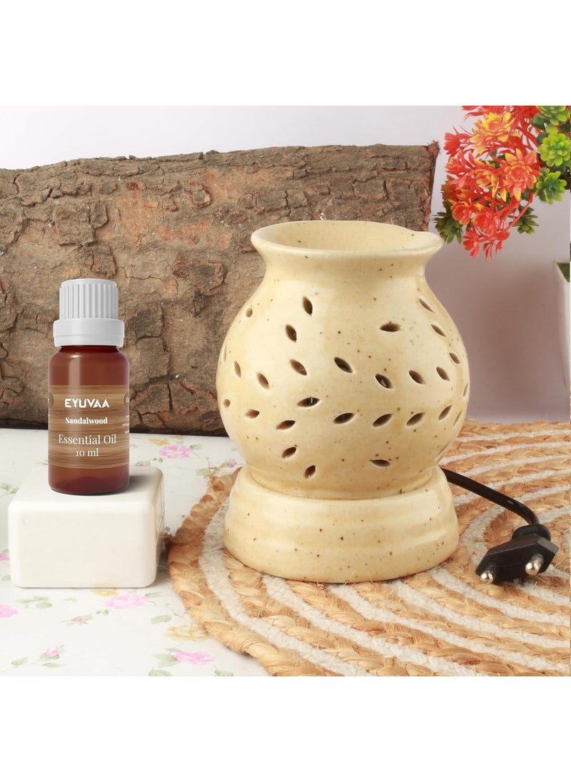DECOVAA Handcrafted Ethnic Electric Ceramic Diffuser Aroma Oil Burner for Aromatherapy Aroma Oil Warmer Aroma Diffuser Set for Home Decor and Fragrance with 10ml Aroma Oils Sandal Fragrance