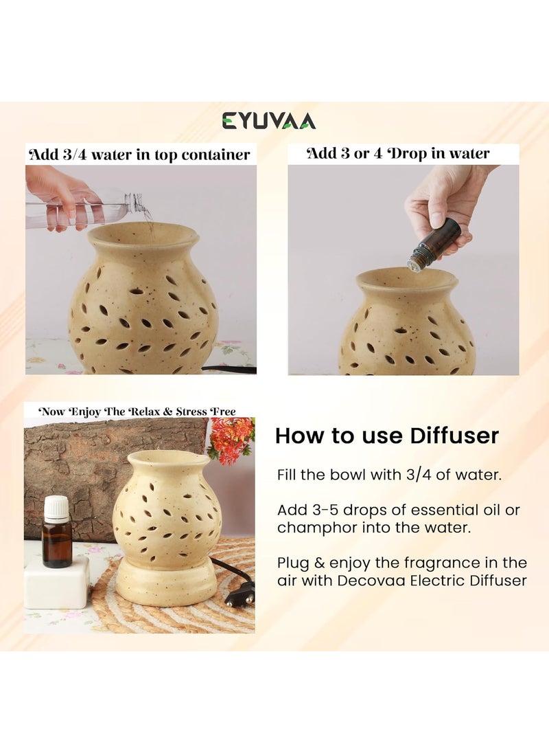 DECOVAA Handcrafted Ethnic Electric Ceramic Diffuser Aroma Oil Burner for Aromatherapy Aroma Oil Warmer Aroma Diffuser Set for Home Decor and Fragrance with 10ml Aroma Oils Sandal Fragrance