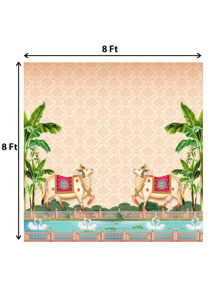 Dhara Creation Sacred Cow Dhenu 8ft 8ft Backdrop Curtain Cloth Pooja Decoration for Festivals and Celebrations Washable Fabric