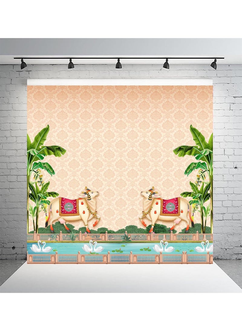 Dhara Creation Sacred Cow Dhenu 8ft 8ft Backdrop Curtain Cloth Pooja Decoration for Festivals and Celebrations Washable Fabric