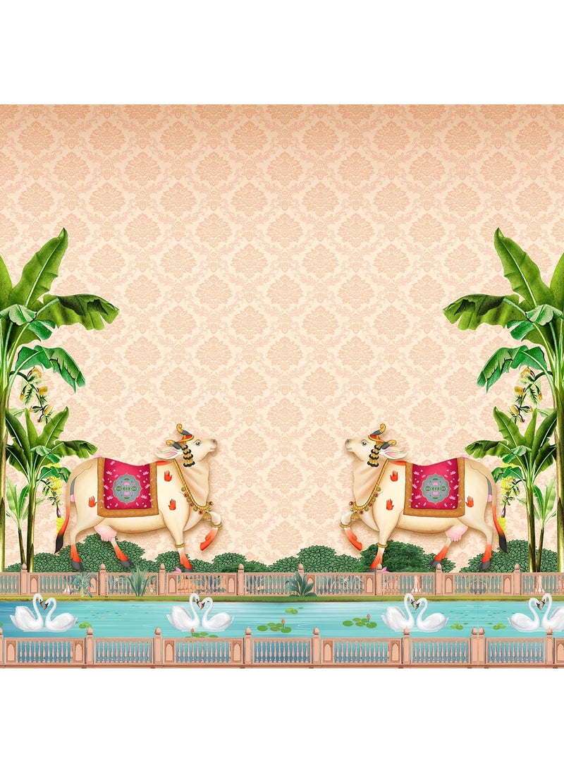 Dhara Creation Sacred Cow Dhenu 8ft 8ft Backdrop Curtain Cloth Pooja Decoration for Festivals and Celebrations Washable Fabric