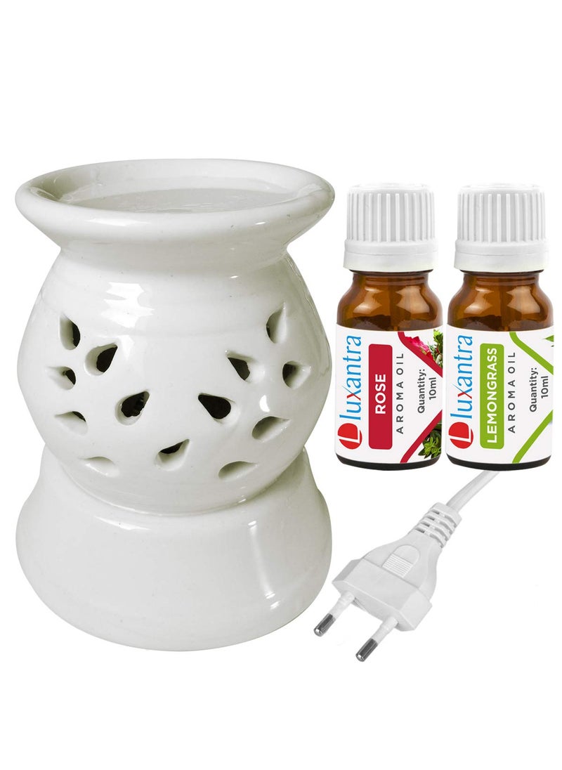Luxantra Ceramic Electric Aroma Diffuser Night Lamp Light with Rose Lemongrass Aroma Oil 10ml Each for Home Office Hotel Spa