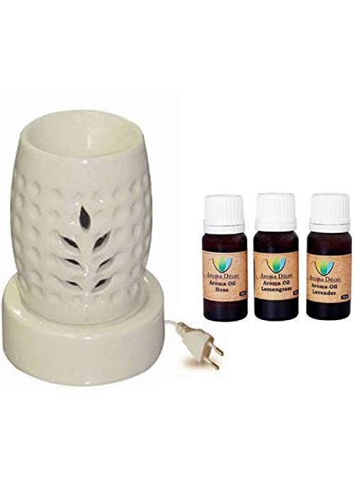 Lyallpur Stores Ceramic Aroma Electric Diffuser Set for Home Lemongrass Rose Lavender Fragrance Oil 10 ml Ethnic Shape White