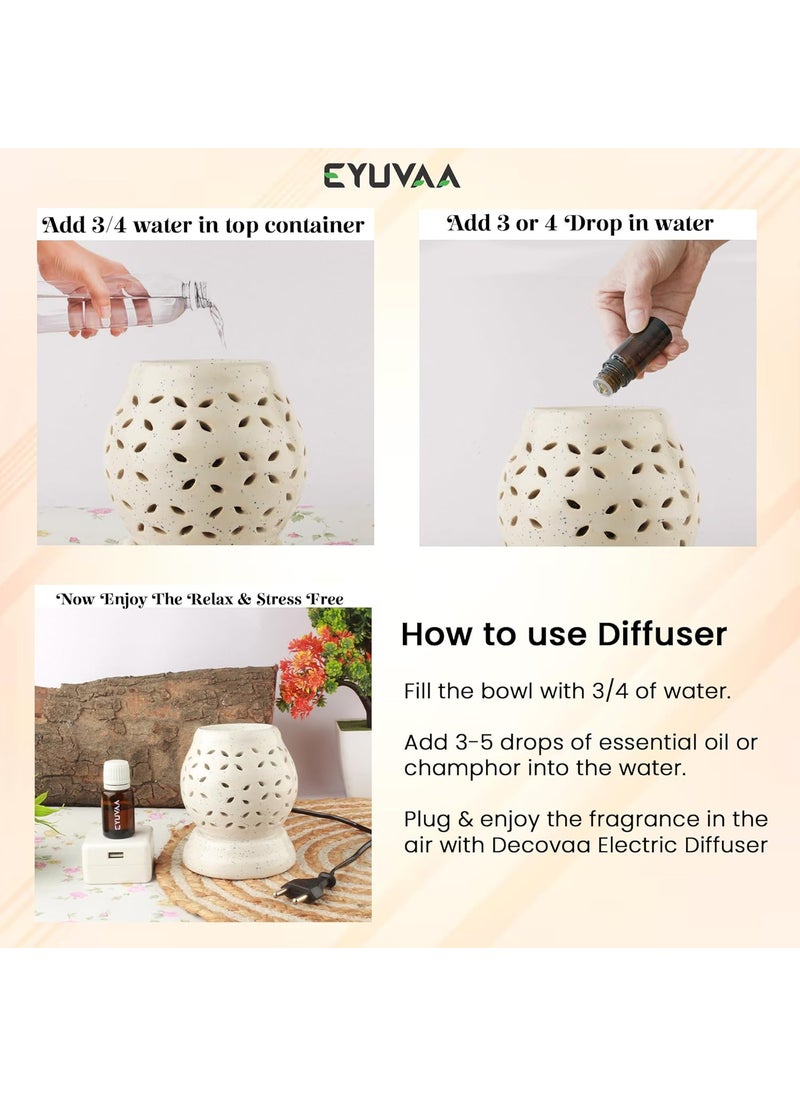 Decovaa Ceramic Electric RoundShaped Aroma Diffuser Oil Burner Aromatherapy Aroma Ceramic Diffuser Essential Oil Warmer Home Decor and Fragrance with 10ml Aroma Oil Lemongrass Fragrance