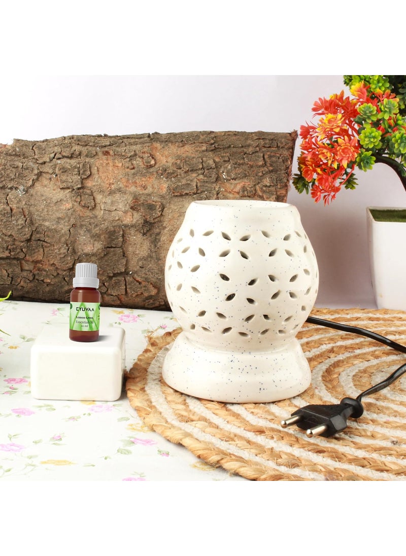 Decovaa Ceramic Electric RoundShaped Aroma Diffuser Oil Burner Aromatherapy Aroma Ceramic Diffuser Essential Oil Warmer Home Decor and Fragrance with 10ml Aroma Oil Lemongrass Fragrance