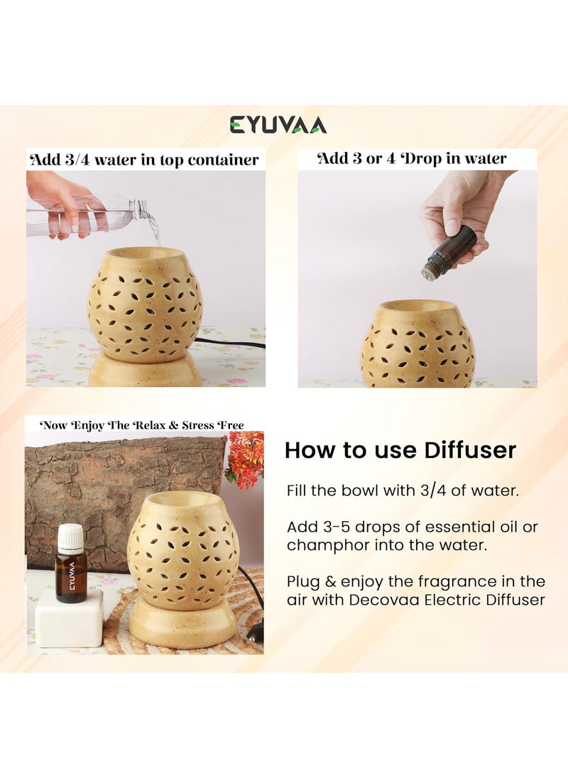 DECOVAA Ceramic RoundShaped Electric Aroma Diffuser for Home Fragrance Aroma Burner for Aromatherapy Aroma Oil Warmer for Fragrance with 10ml Aroma Oils Jasmine Fragrance