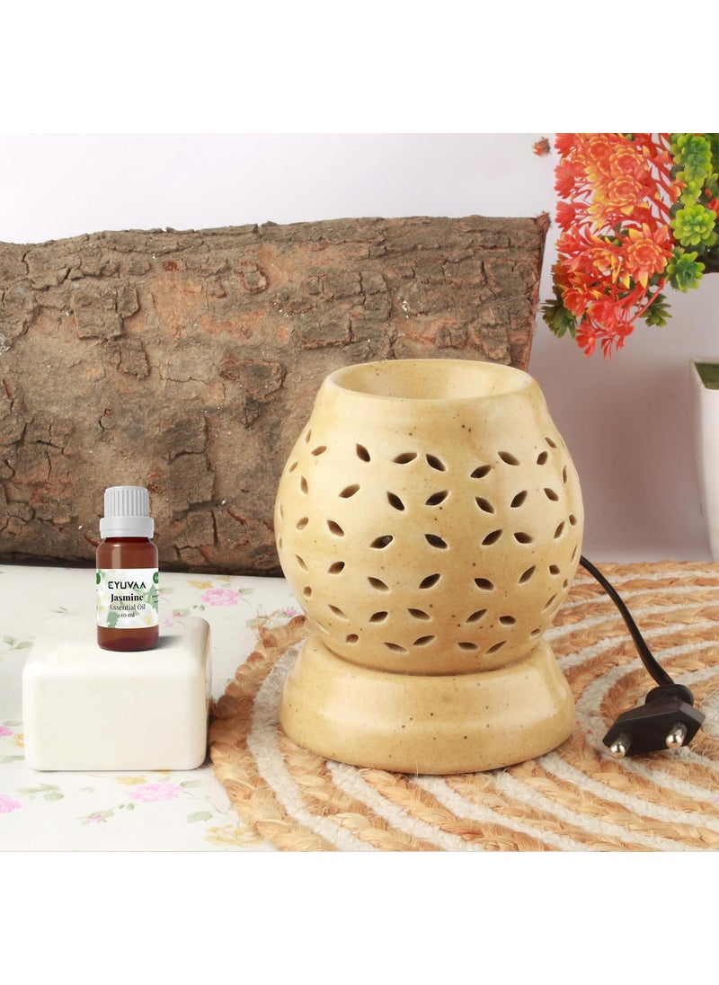 DECOVAA Ceramic RoundShaped Electric Aroma Diffuser for Home Fragrance Aroma Burner for Aromatherapy Aroma Oil Warmer for Fragrance with 10ml Aroma Oils Jasmine Fragrance
