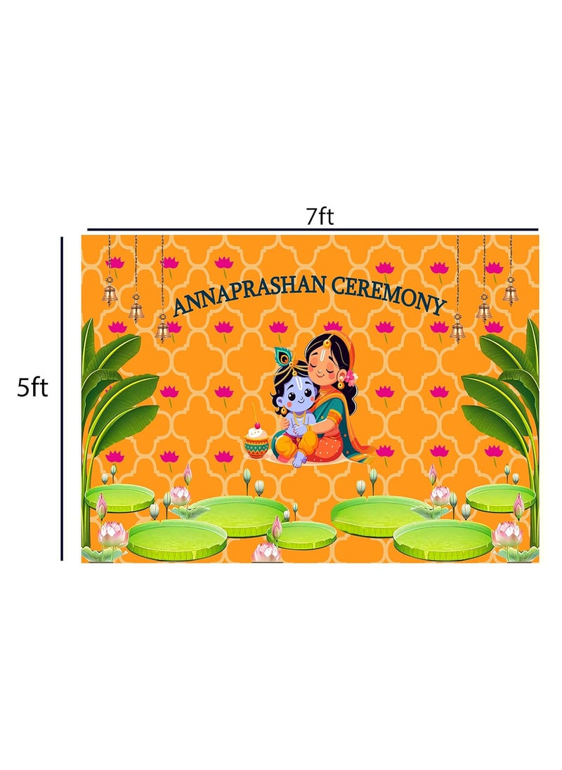 Dhara Creation Annaprashan Ceremony Backdrop 5FT7FT Backdrop Cloth for Babys First Solid Food Ritual Traditional Background Curtain Cloth for Festival Washable Fabric