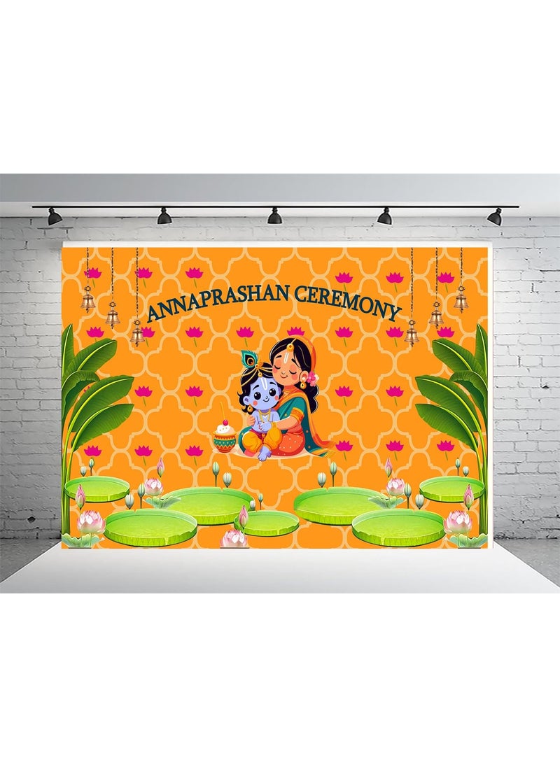 Dhara Creation Annaprashan Ceremony Backdrop 5FT7FT Backdrop Cloth for Babys First Solid Food Ritual Traditional Background Curtain Cloth for Festival Washable Fabric