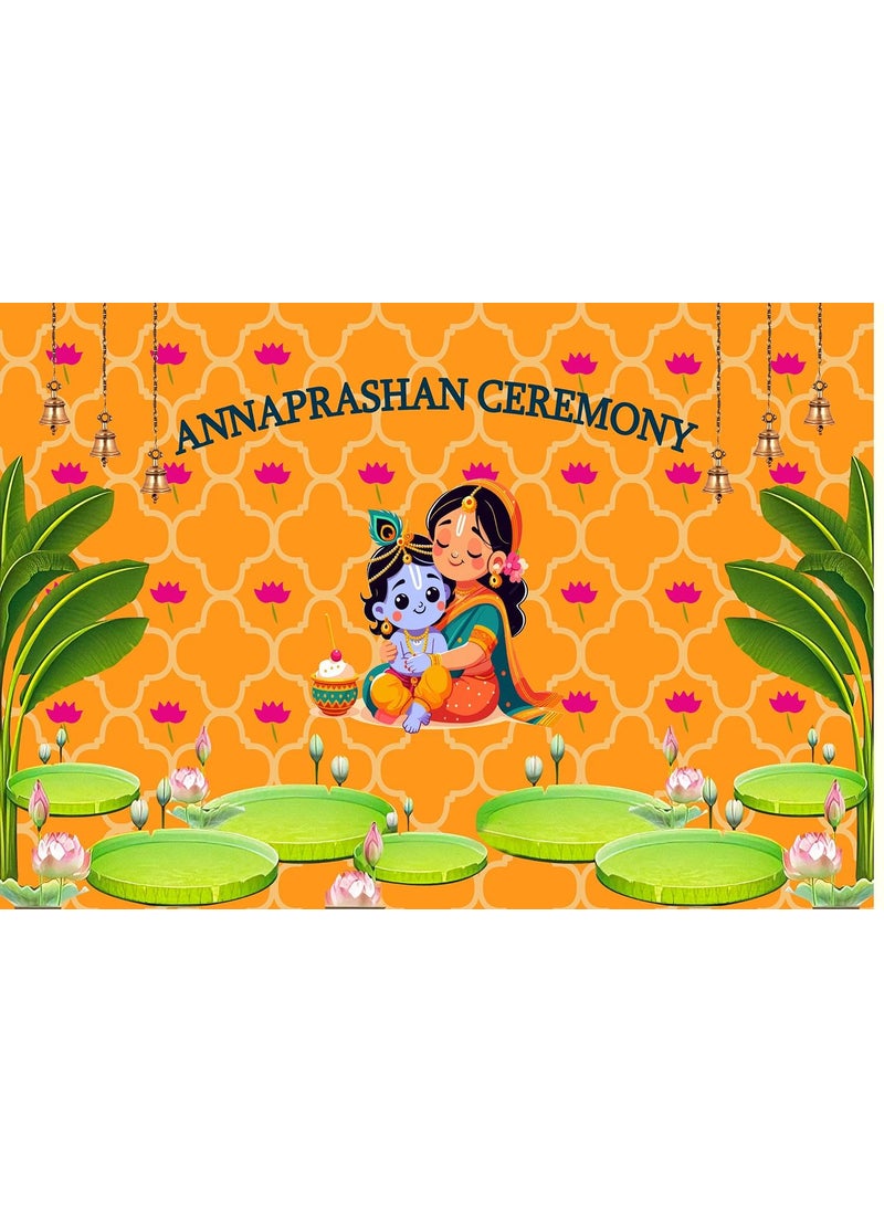 Dhara Creation Annaprashan Ceremony Backdrop 5FT7FT Backdrop Cloth for Babys First Solid Food Ritual Traditional Background Curtain Cloth for Festival Washable Fabric