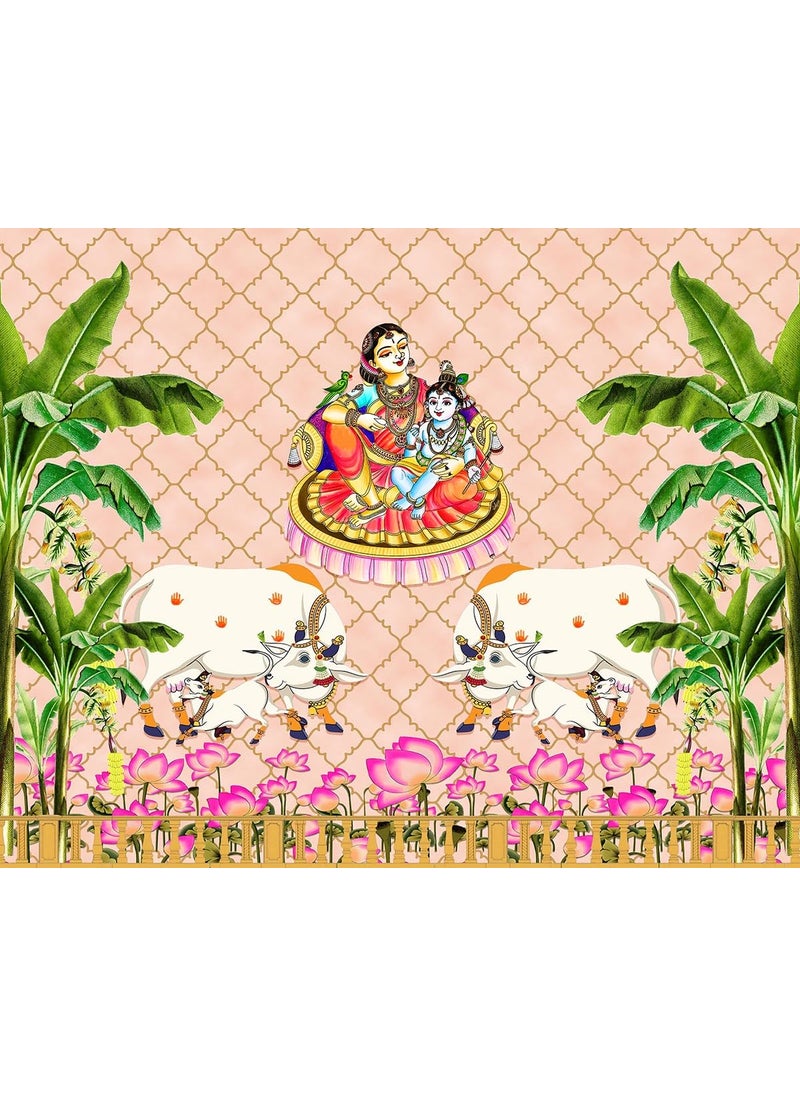 Dhara Creation Annaprasana Backdrop with Yashoda MATA and Krishna 8ft 10ft Backdrop Curtain Cloth Pooja Decoration for Festivals and Celebrations Washable Fabric