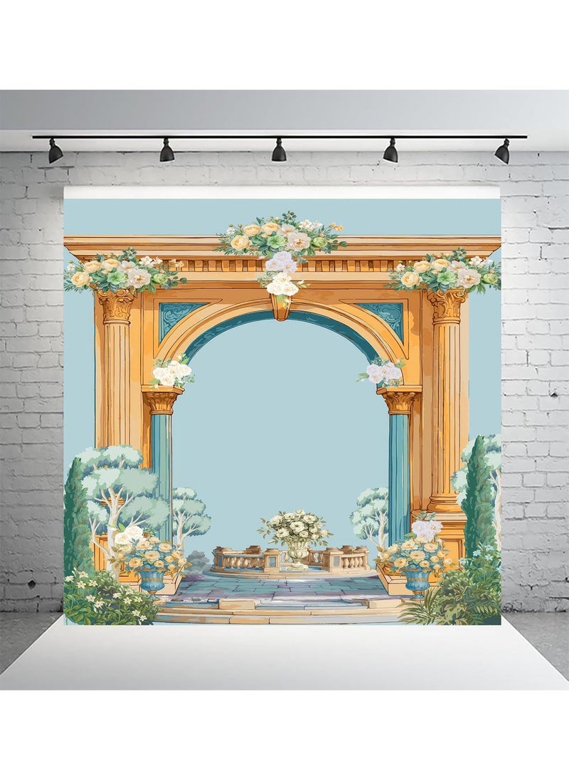 Dhara Creation Aesthetic Blue Gate 8ft 8ft Backdrop Curtain Cloth Pooja Decoration for Festivals and Celebrations Washable Fabric