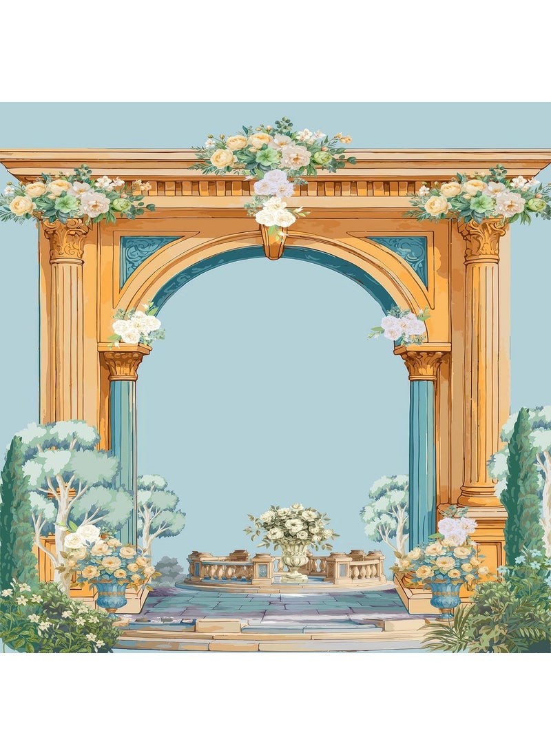 Dhara Creation Aesthetic Blue Gate 8ft 8ft Backdrop Curtain Cloth Pooja Decoration for Festivals and Celebrations Washable Fabric