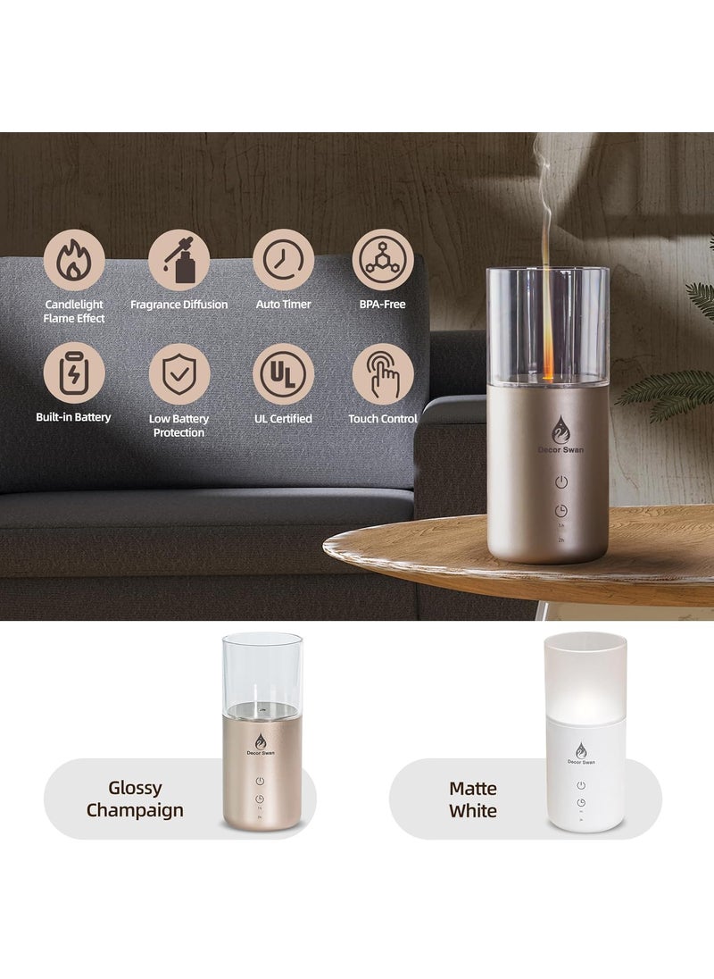 Decor Swan Ultrasonic Essential Oil Diffuser with Candlelight Portable Rechargeable Flame Humidifier for Aromatherapy Meditation for Home SPA Office with USB Charge AutoOff Timer Champaign