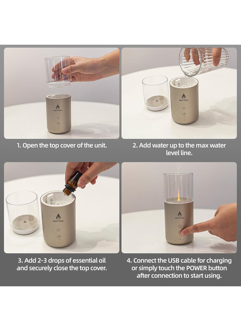 Decor Swan Ultrasonic Essential Oil Diffuser with Candlelight Portable Rechargeable Flame Humidifier for Aromatherapy Meditation for Home SPA Office with USB Charge AutoOff Timer Champaign